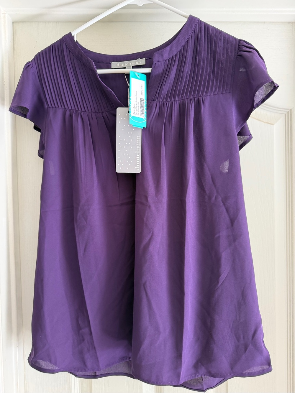 Daniel Rainn Deep Purple Pleated Yoke Flutter Sleeve Blouse